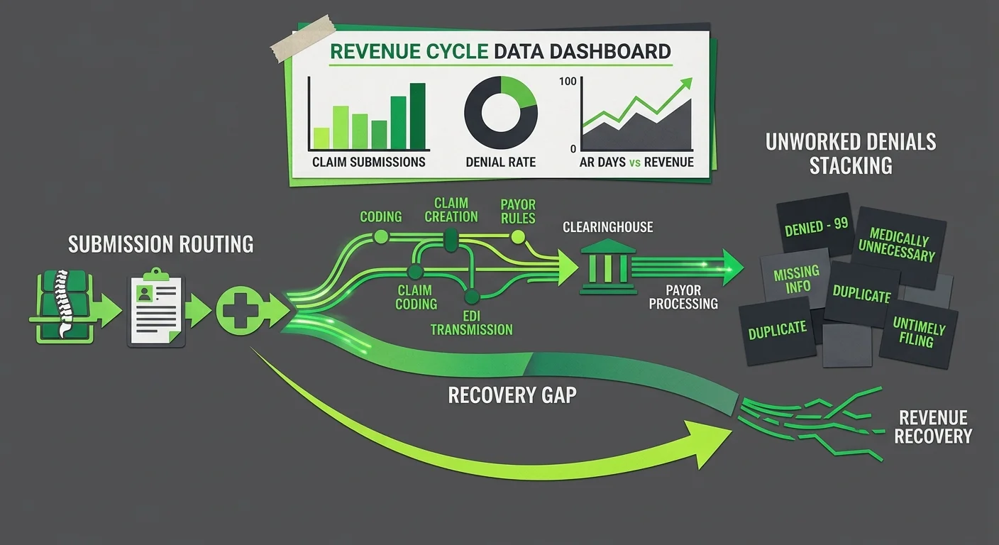 chiropractic billing revenue cycle data showing submission routing versus denial recovery gap