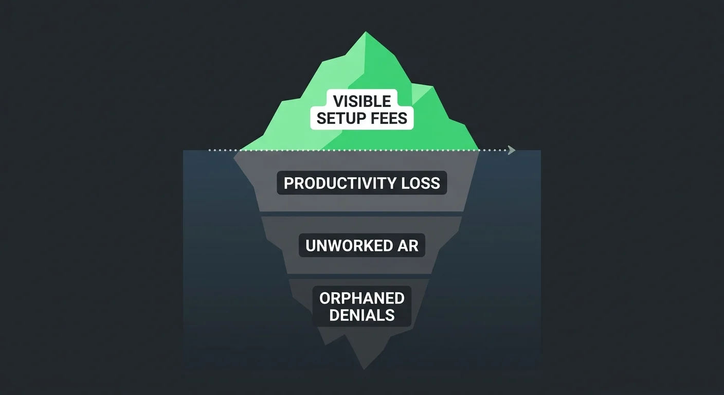 hidden costs of chiropractic EHR migration iceberg showing visible fees versus invisible revenue loss