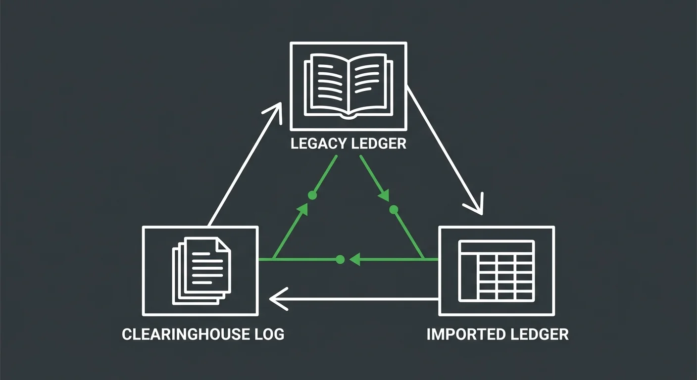 three system reconciliation framework for post migration billing recovery showing legacy ledger imported ledger and clearinghouse audit