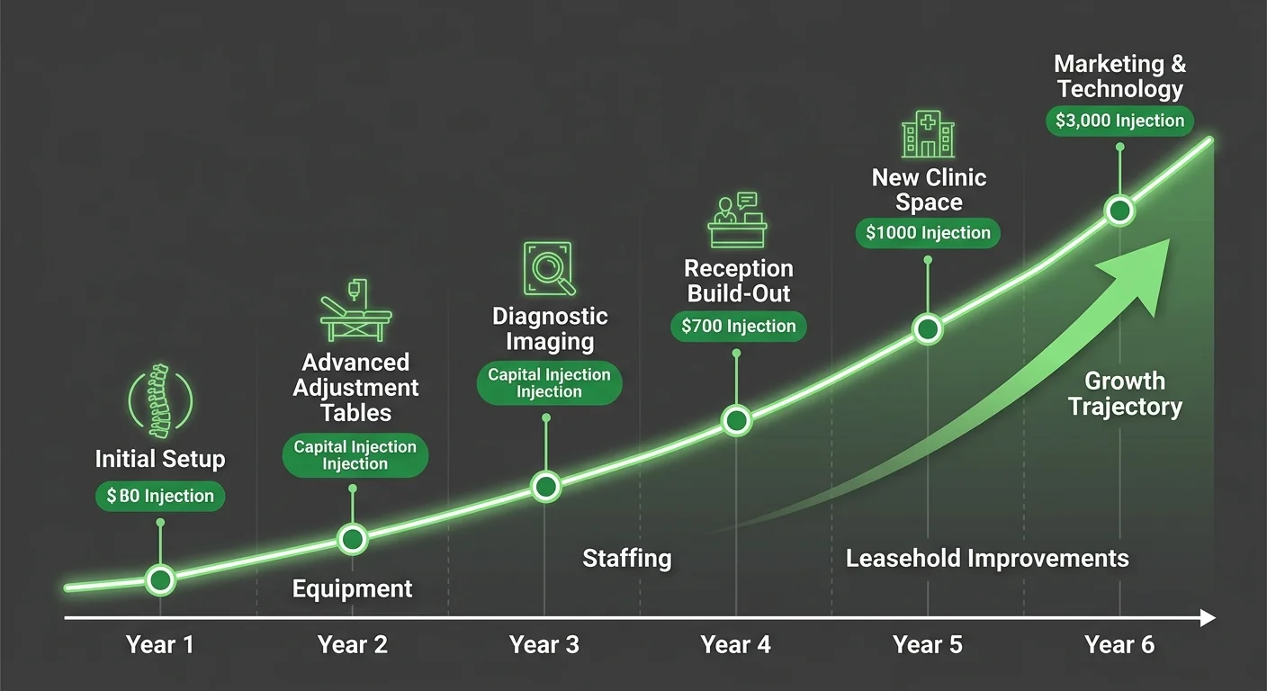practice expansion financial timeline showing capital deployment from PI lien revenue matched to upfront costs and growth phases