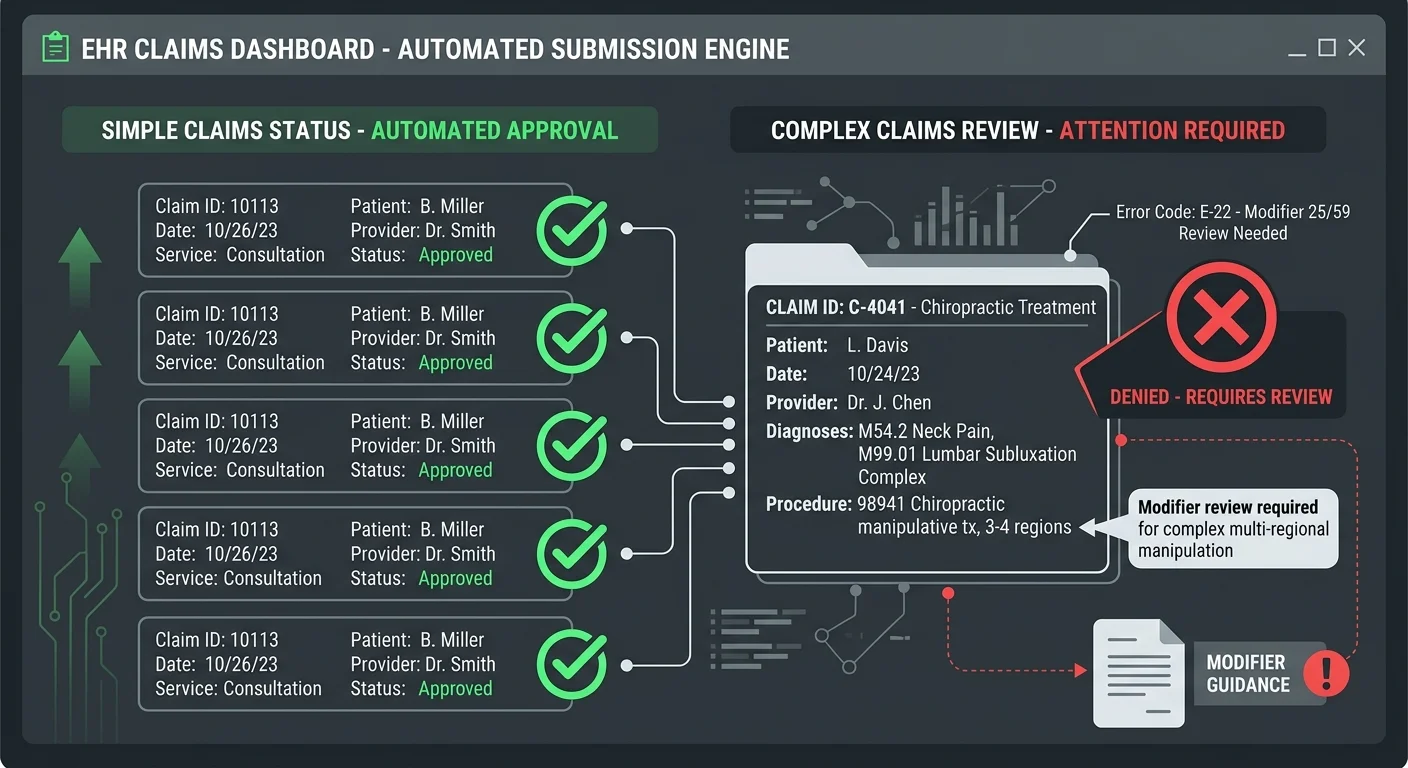 EHR auto-coder chiropractic AT modifier mapping failure audit risk