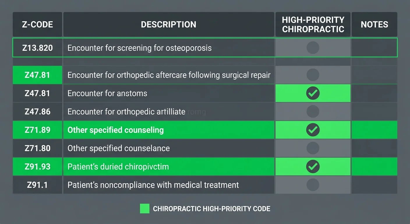 2026 ICD-10 SDOH Z-code reference table for chiropractic active care documentation