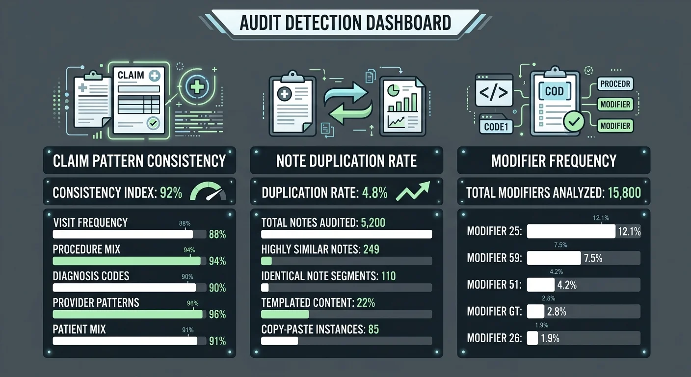 CMS OIG chiropractic audit detection dashboard showing auto-coded claim pattern flags