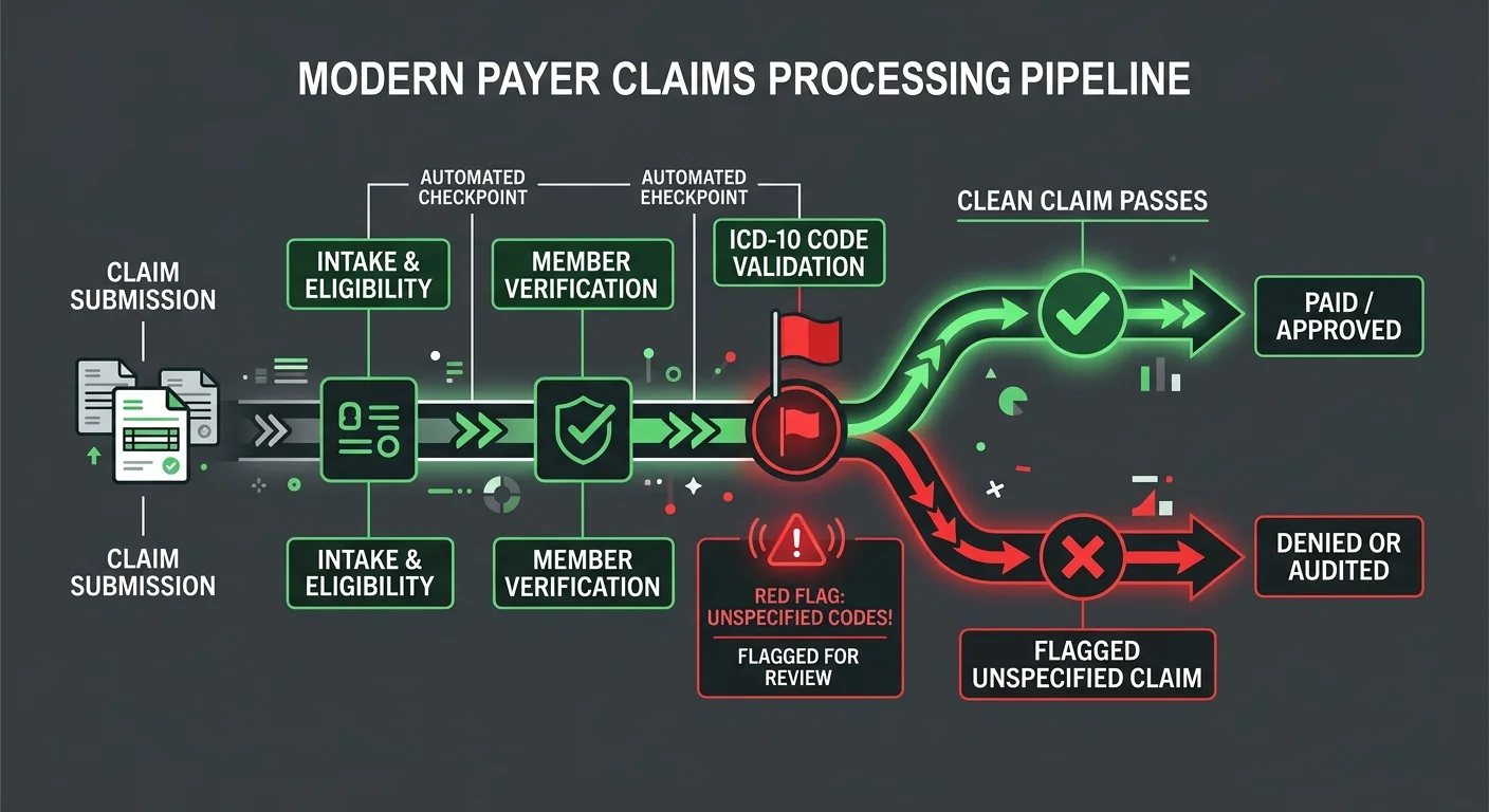 automated payer edit system flagging chiropractic unspecified ICD-10 codes at claim validation