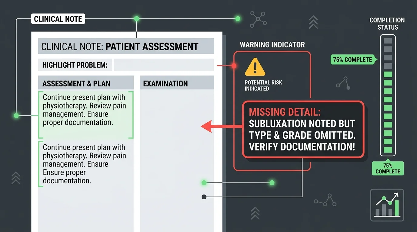 Chiropractic clinical documentation audit flags showing cloned notes and subluxation detail gaps