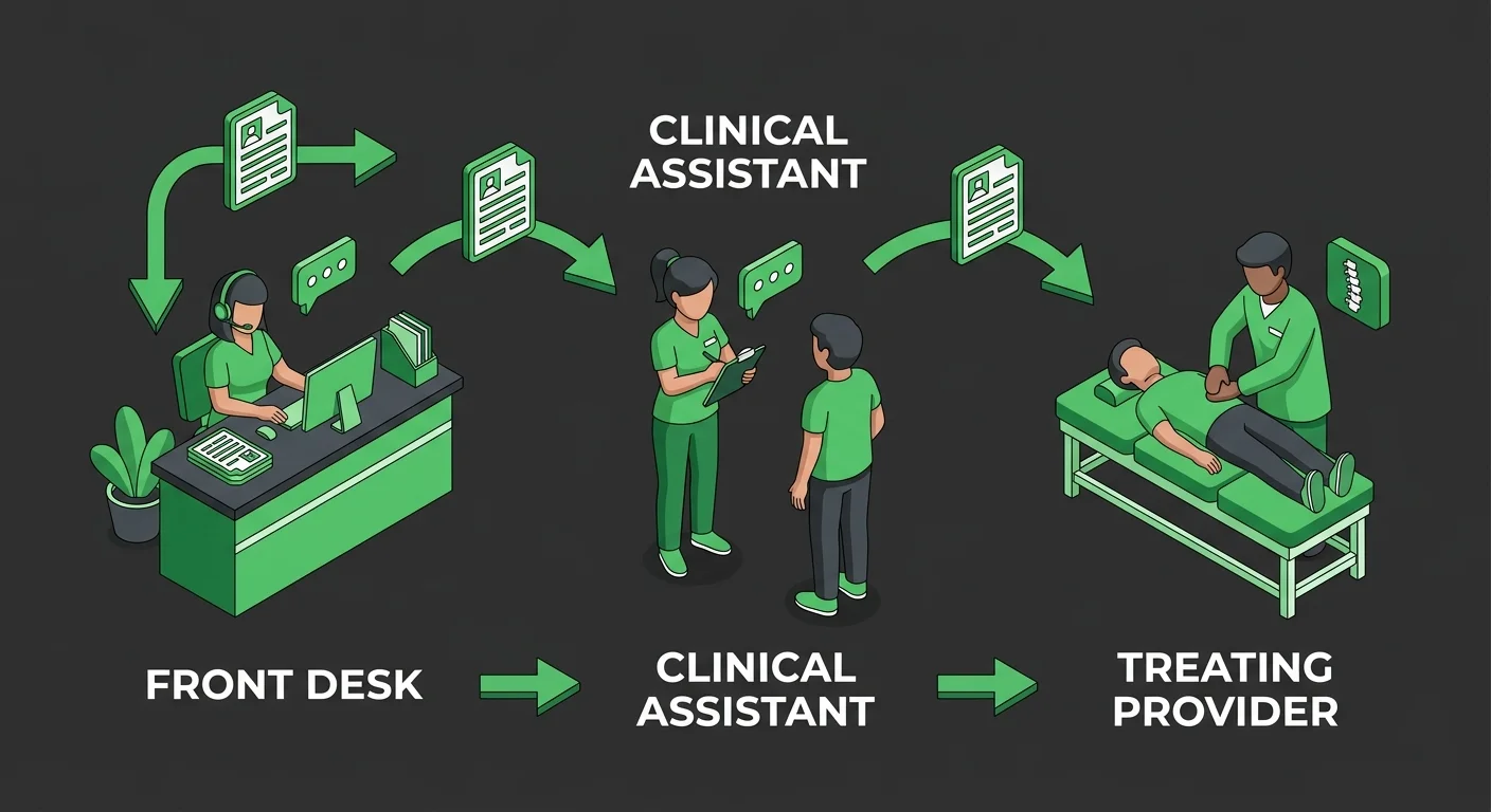 chiropractic SDOH documentation workflow showing staff roles and CMS compliance steps