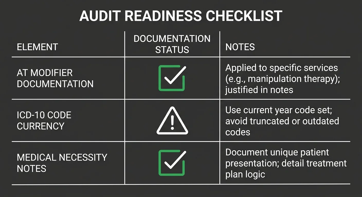 chiropractic audit readiness checklist AT modifier ICD-10 documentation 2026