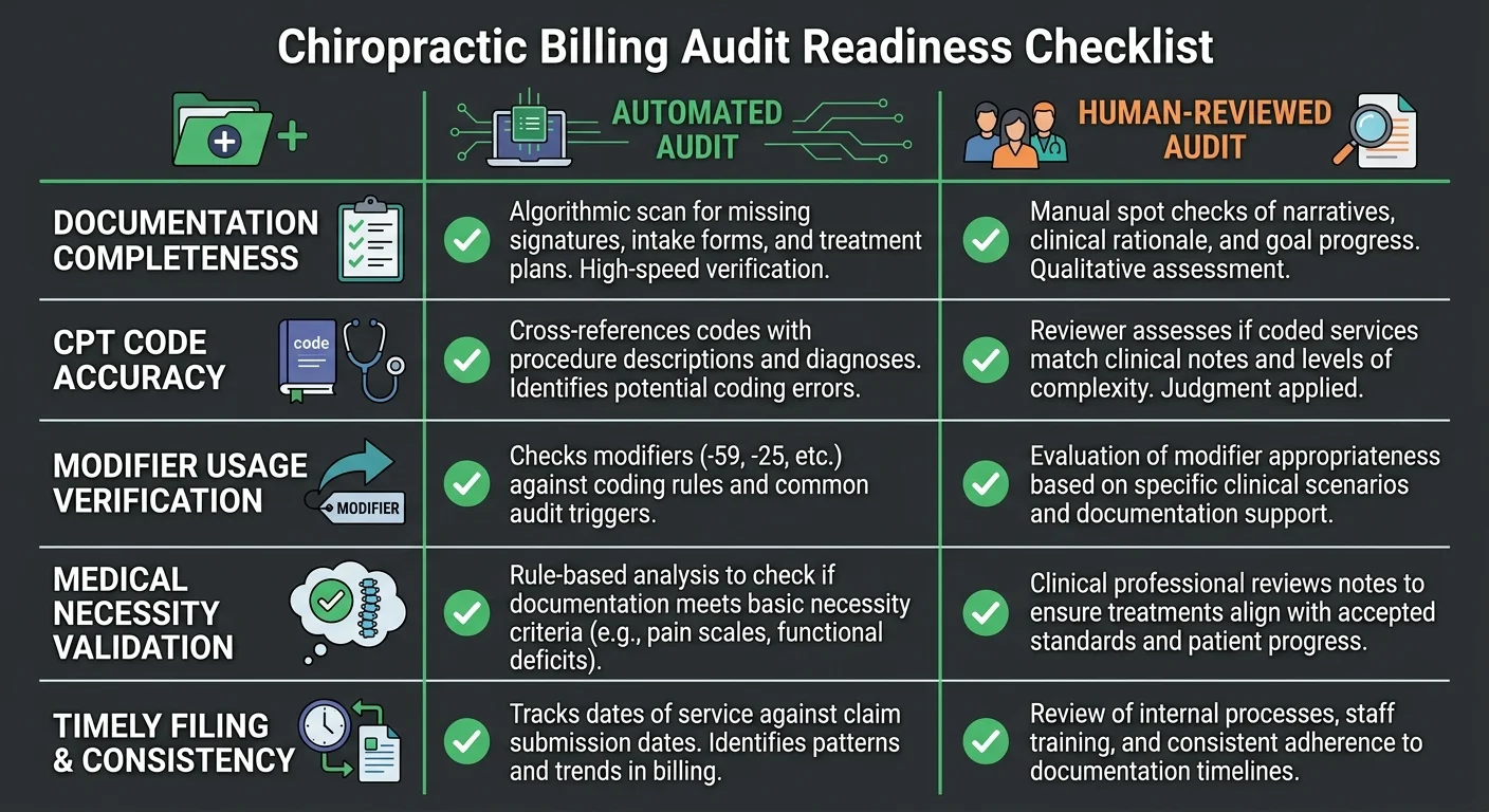 chiropractic billing audit readiness checklist automated versus human review