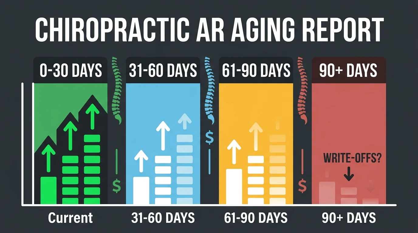 chiropractic AR aging report buckets showing 30 60 90 day outstanding claims