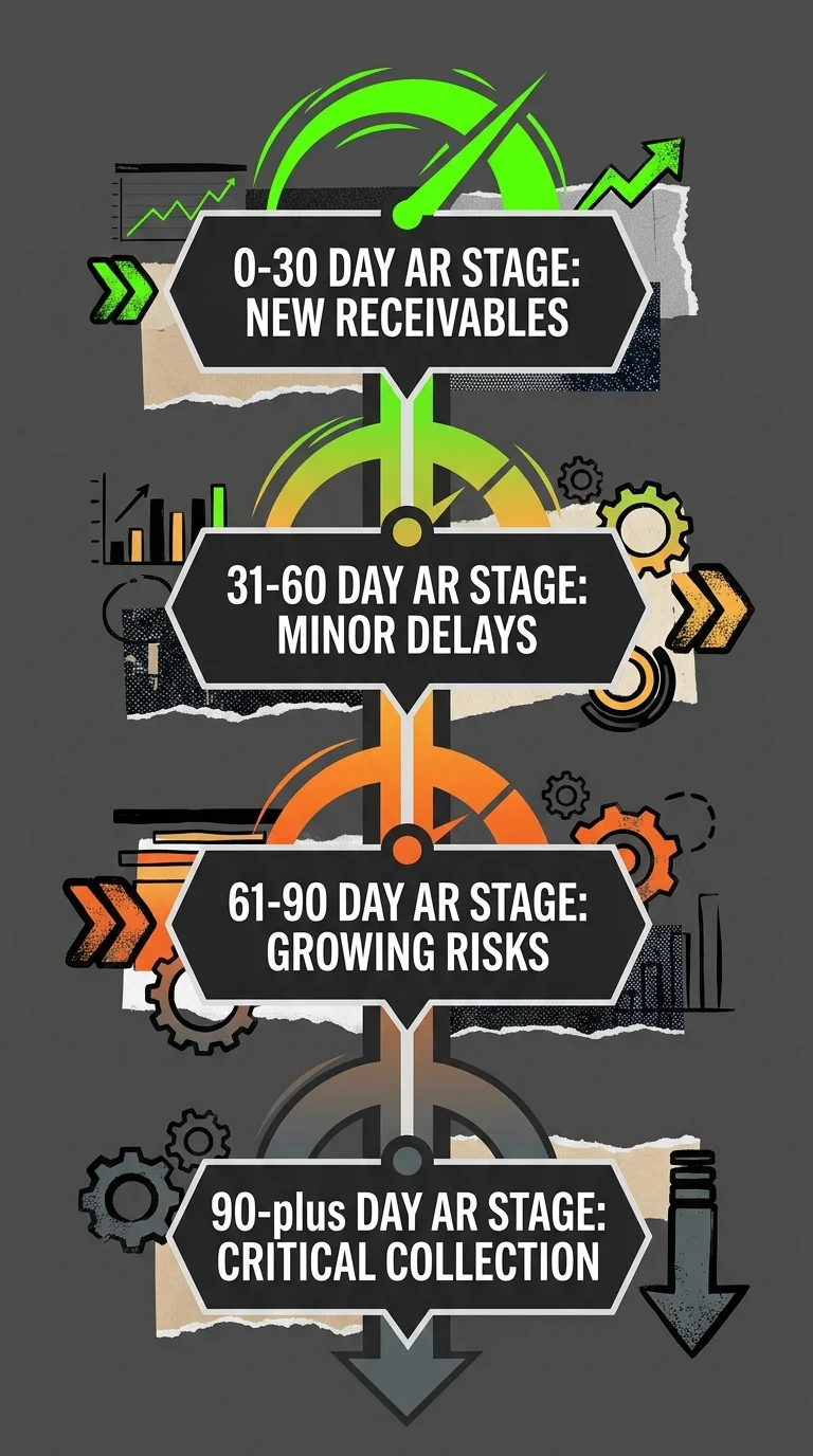 chiropractic AR aging timeline showing four buckets from current to critical past due claims