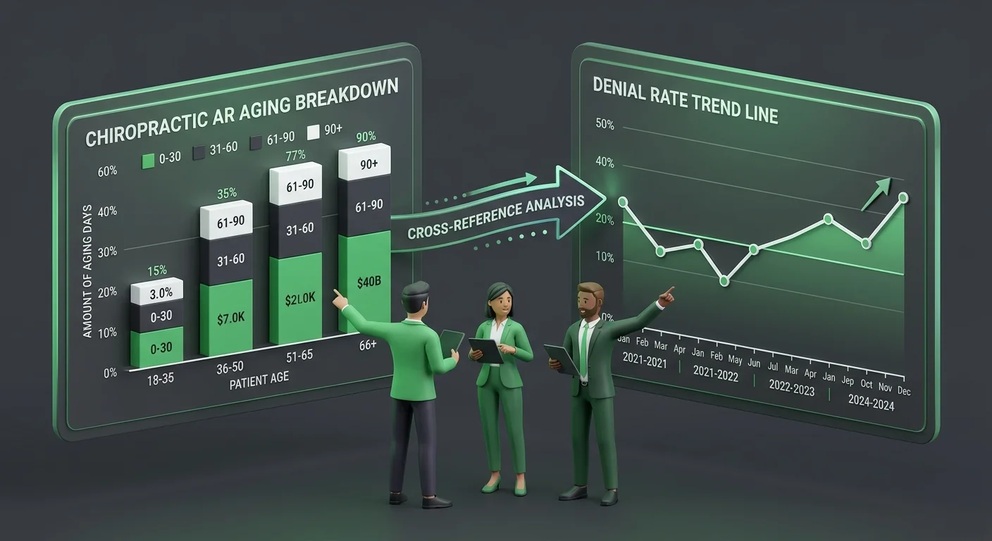 chiropractic AR aging report cross referenced with denial patterns and revenue trend data