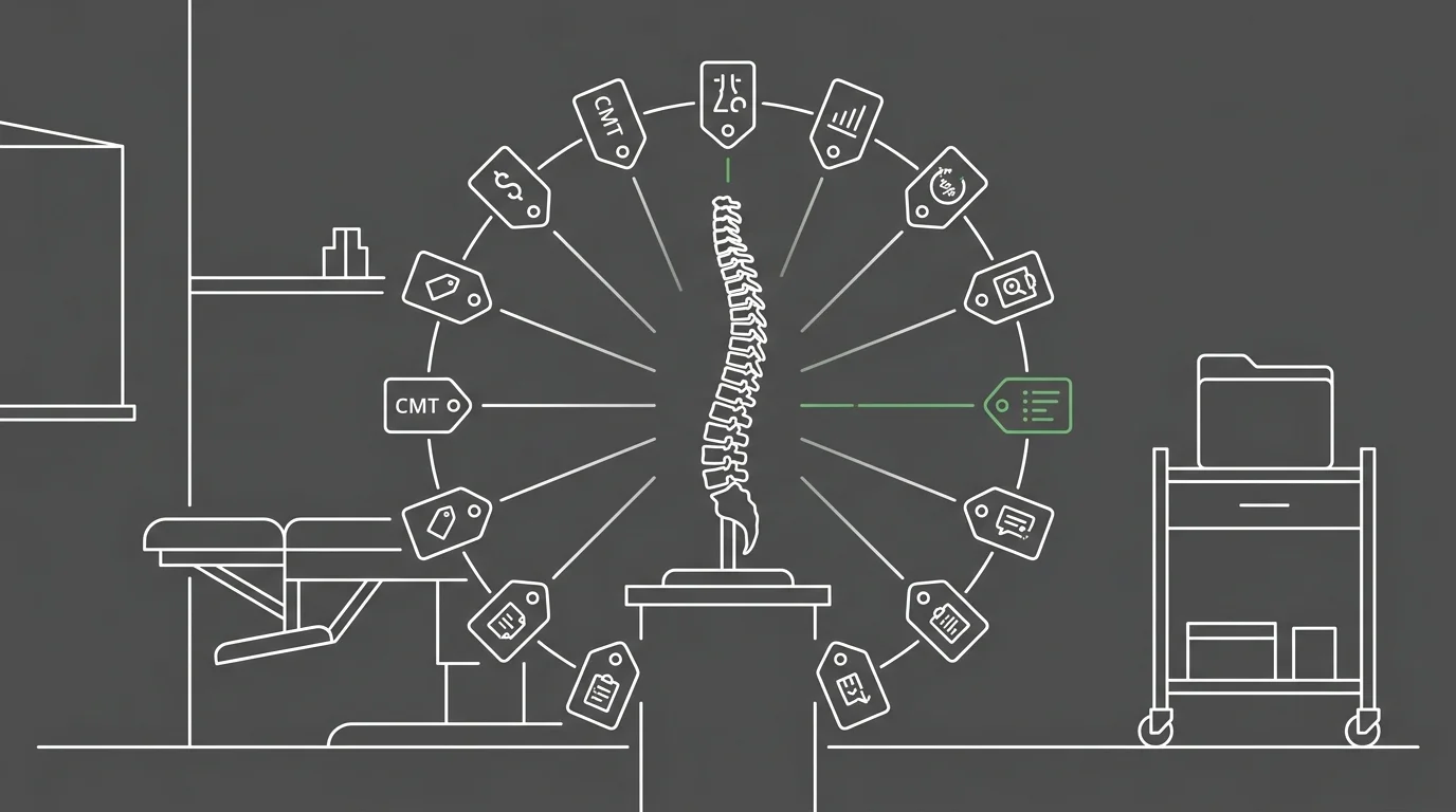 chiropractic spine model surrounded by specialty billing code tags