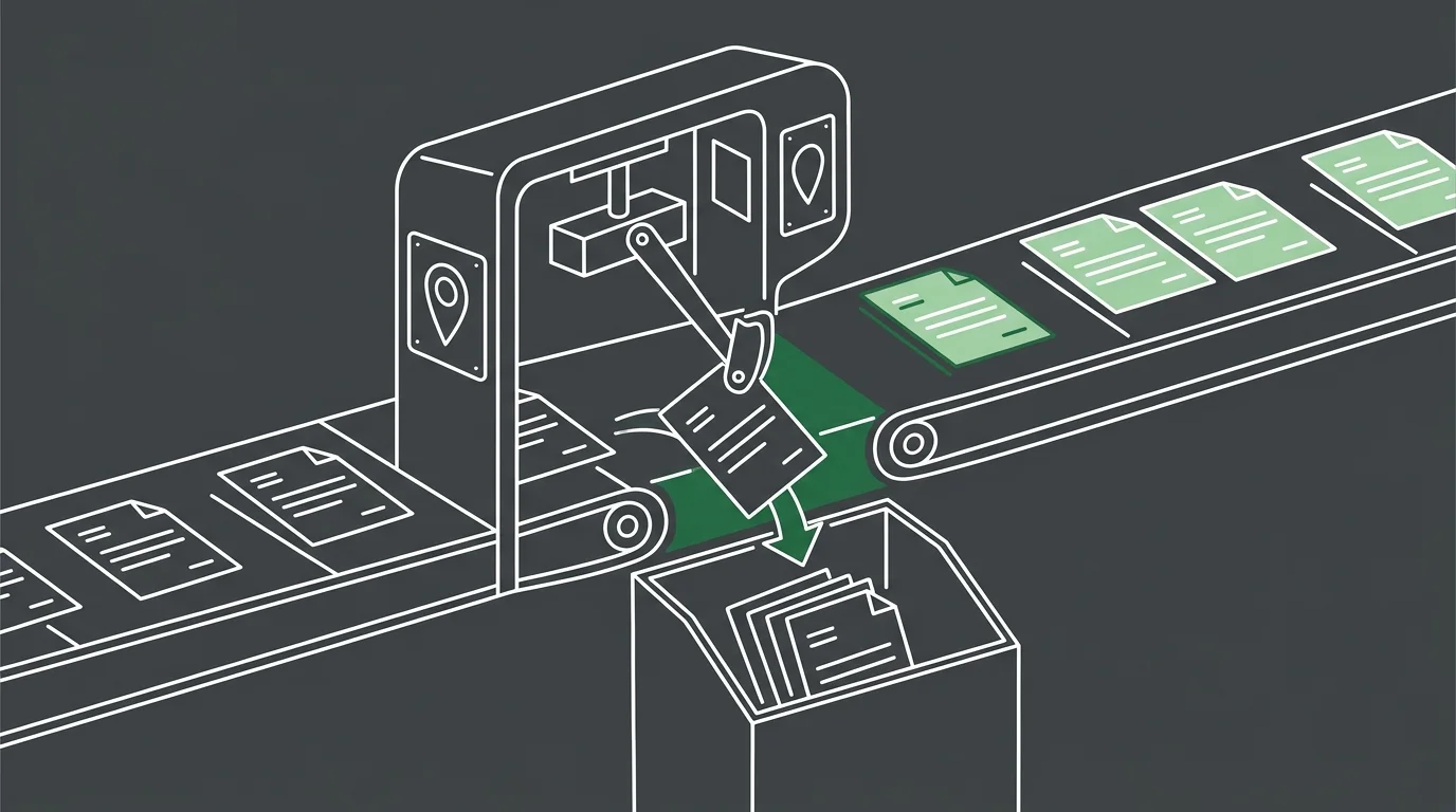 Stalled claims conveyor belt showing location mismatch denial point