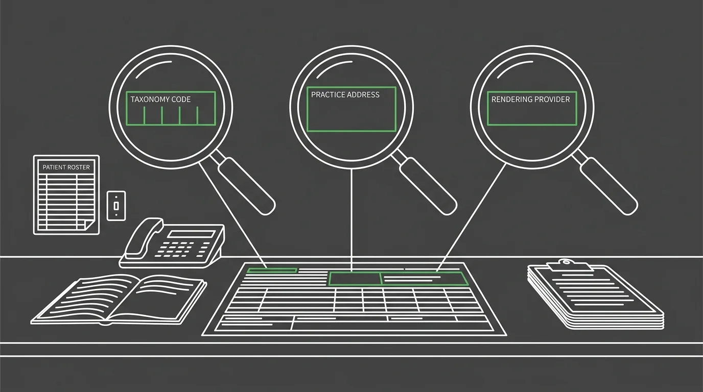 Claim form fields for taxonomy code and practice location