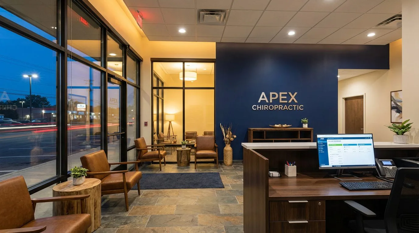 Modern-chiropractic-clinic-reception-with-organized-billing-workspace-and-secure-systems