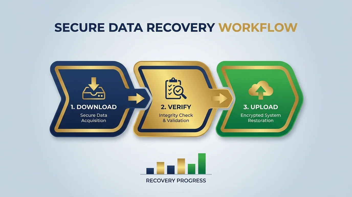 Step by step ERA file recovery workflow showing download verify and upload stages