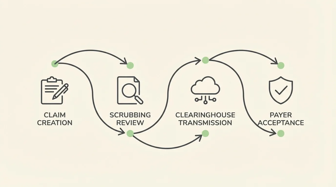 chiropractic claim submission pathway through clearinghouse scrubbing to payer acceptance