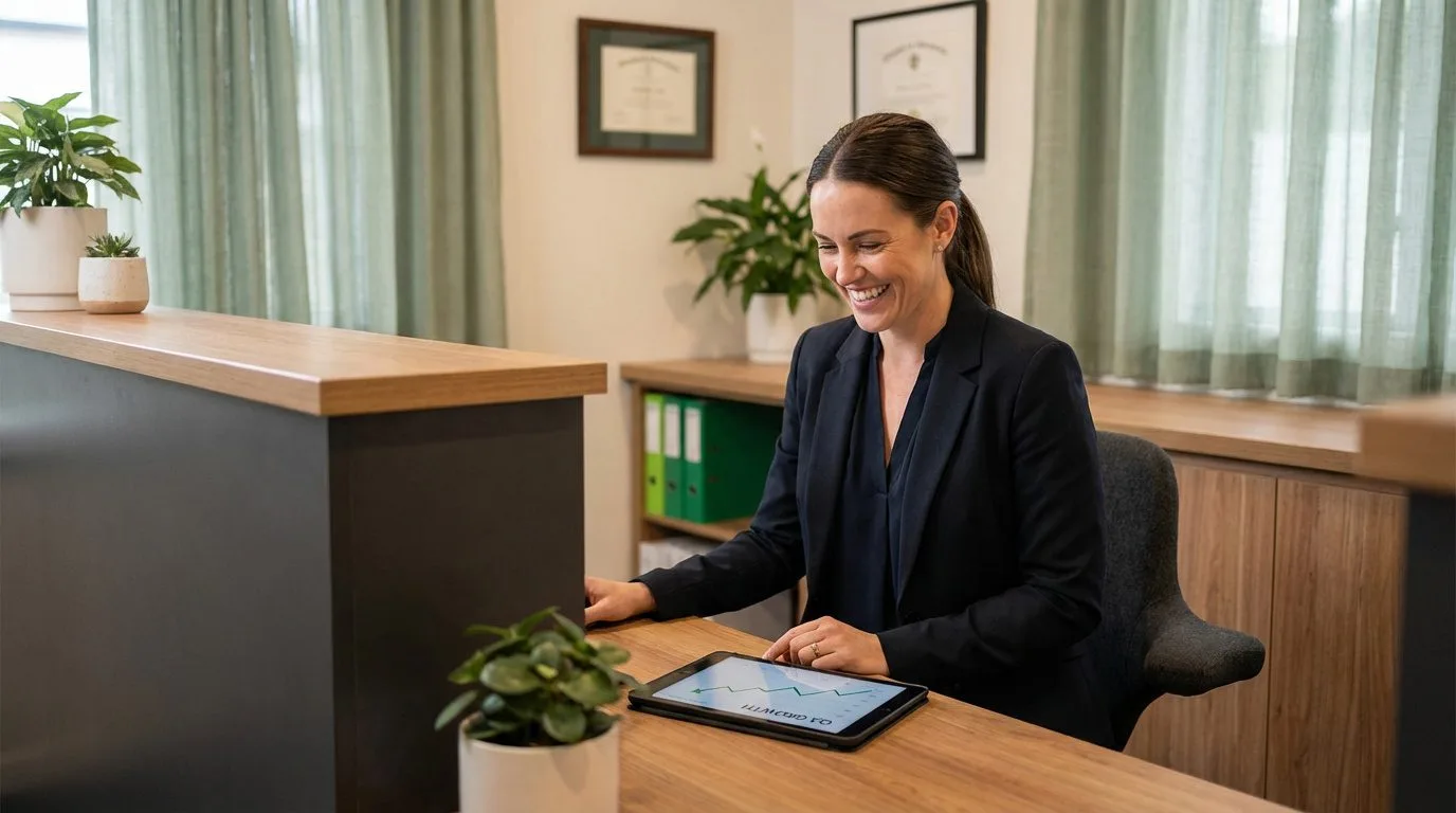 chiropractic-practice-administrator-reviewing-organized-billing-metrics-in-calm-office-environment chiropractic-practice-administrator-reviewing-organized-billing-metrics-in-calm-office-environment