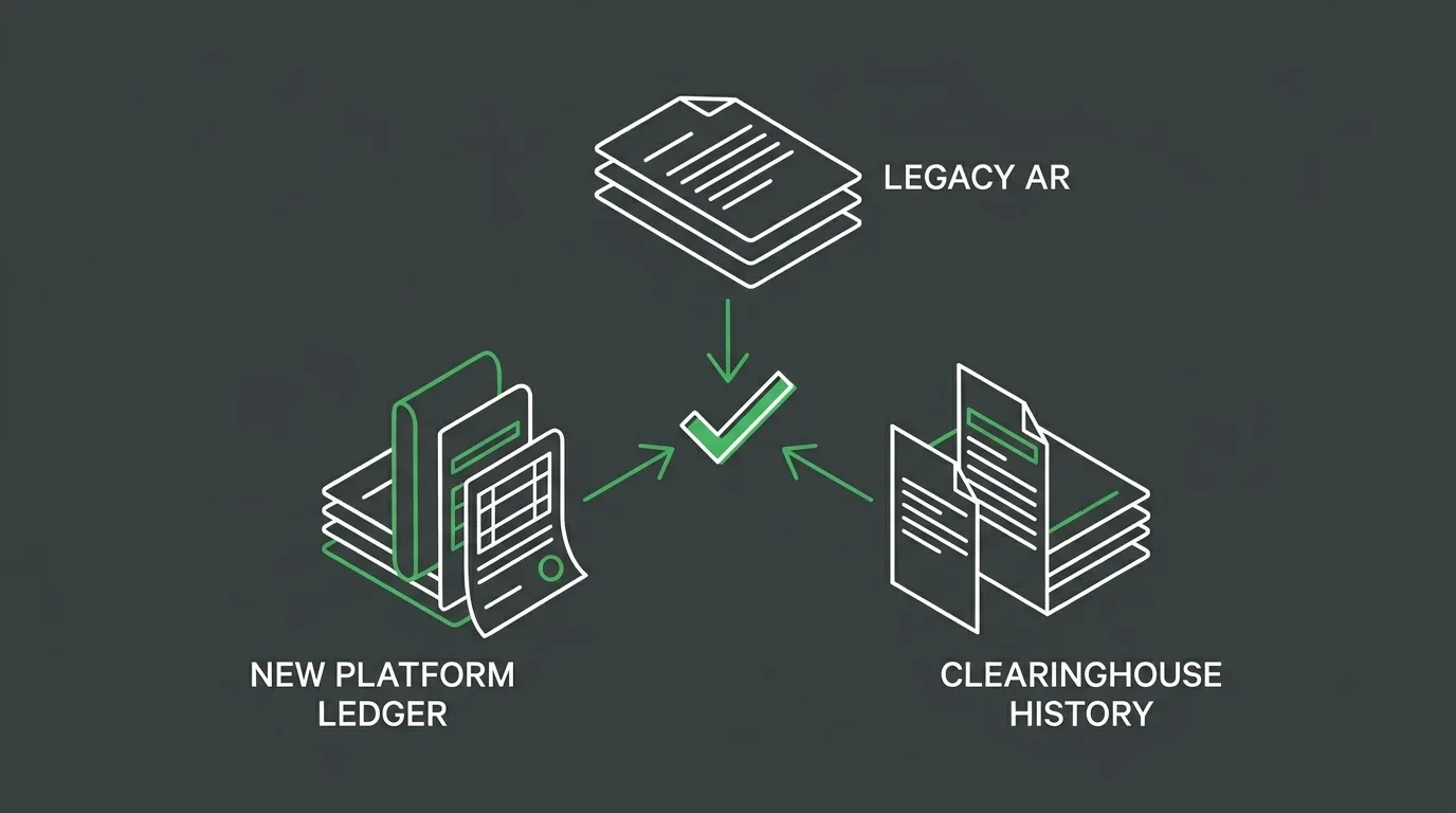 three way reconciliation diagram for ehr migration audit combining legacy ar new platform ledger and clearinghouse submission history