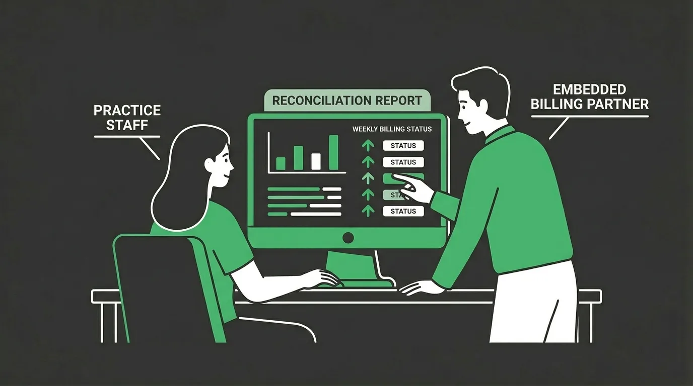 embedded chiropractic billing partner reviewing weekly migration reconciliation dashboard with practice staff
