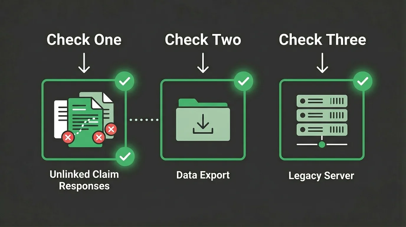 chirotouch migration recovery three check sequence showing unlinked claim responses data export and legacy server verification path