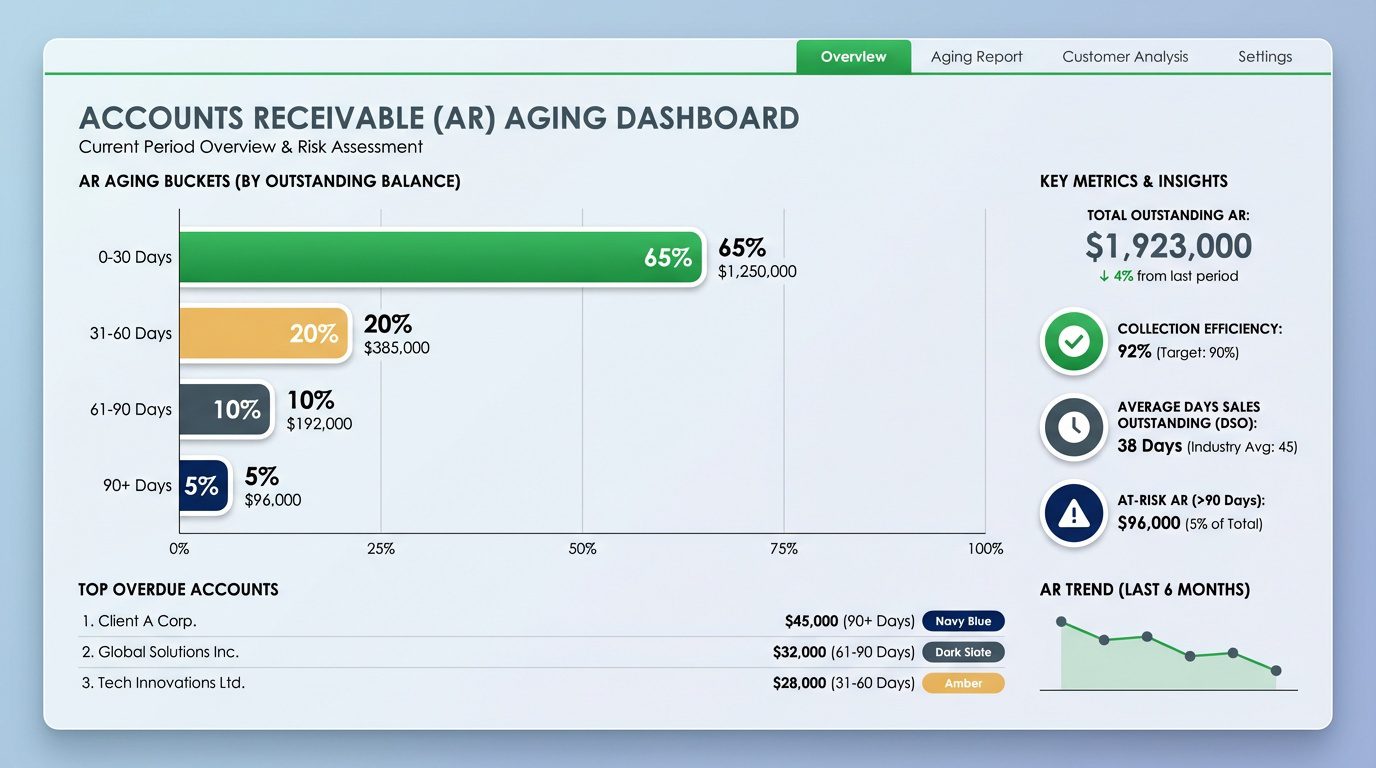 AR aging report dashboard showing claims distribution across aging buckets for chiropractic practices