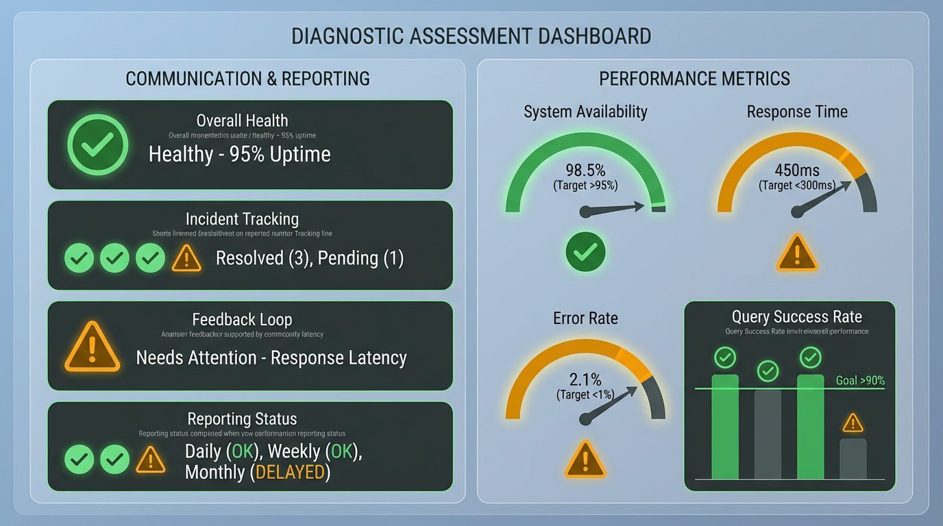 billing company performance assessment dashboard with organized evaluation categories