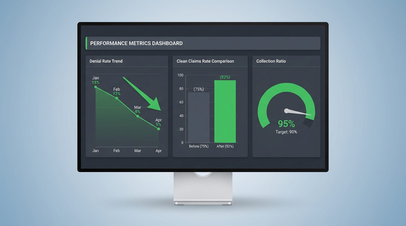 chiropractic billing performance dashboard showing denial rate improvement metrics