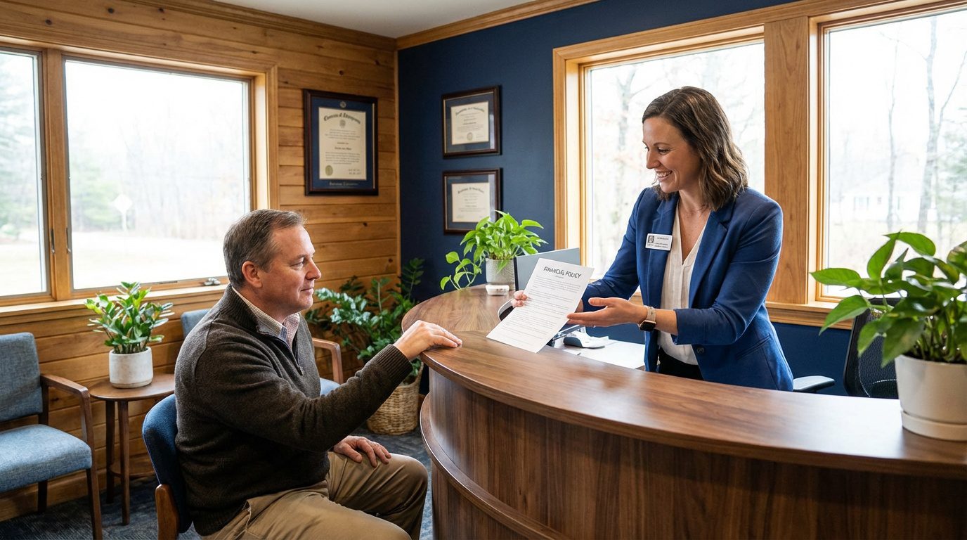 chiropractic front desk presenting clear financial policy to new patient at intake