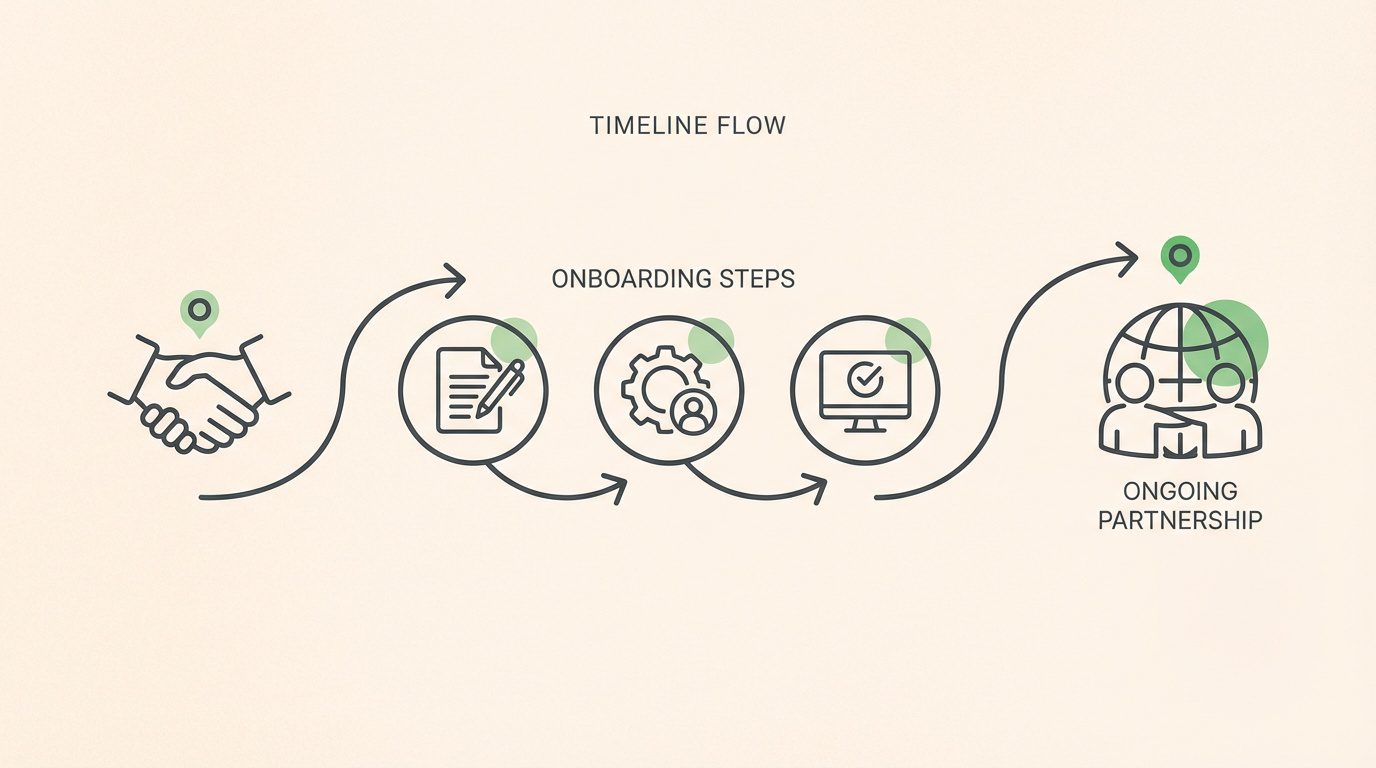 timeline showing partnership development from initial contact through ongoing billing relationship
