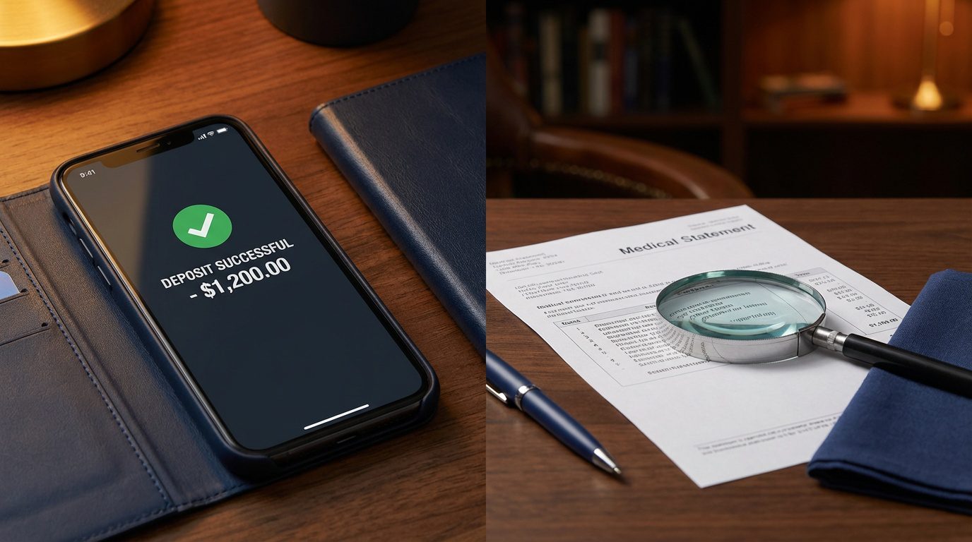 Bank deposit notification on smartphone next to medical statement showing payment reconciliation need