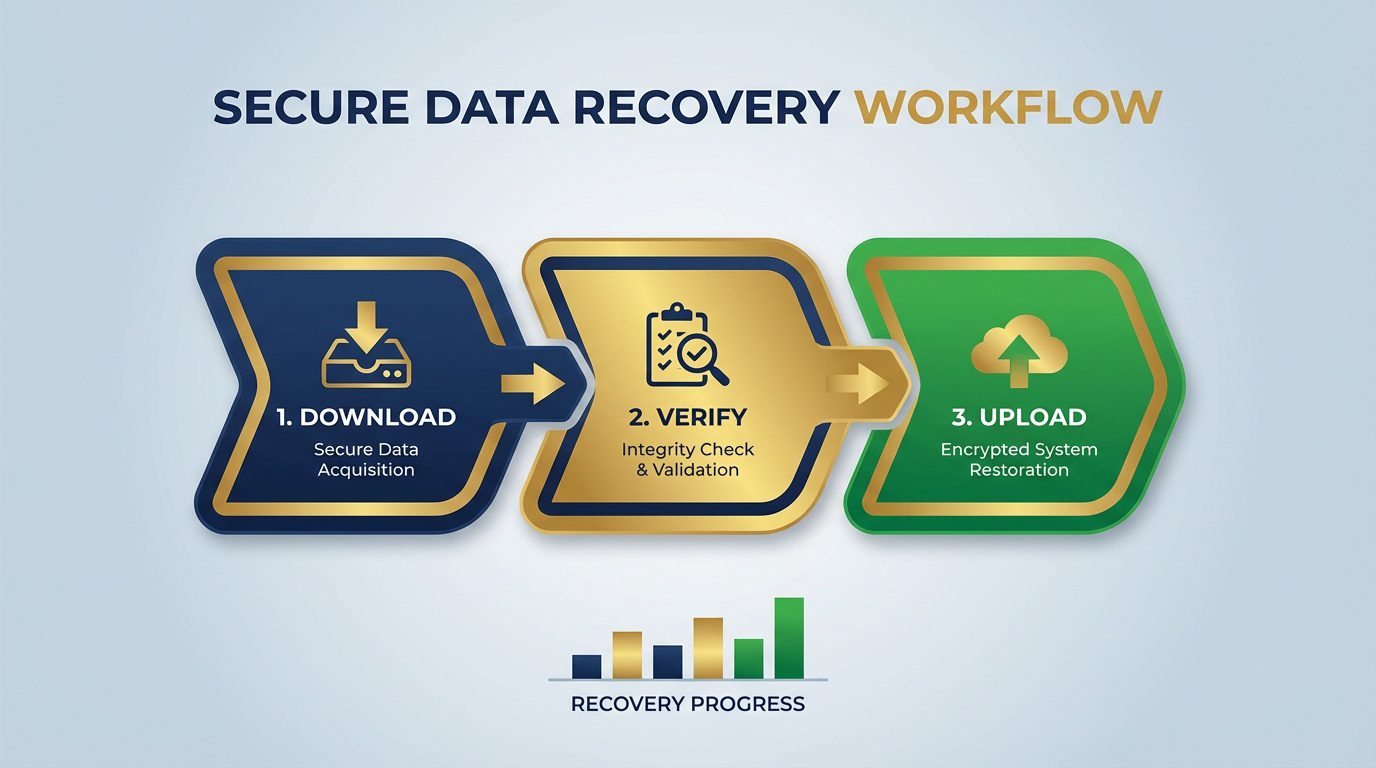 Step by step ERA file recovery workflow showing download verify and upload stages