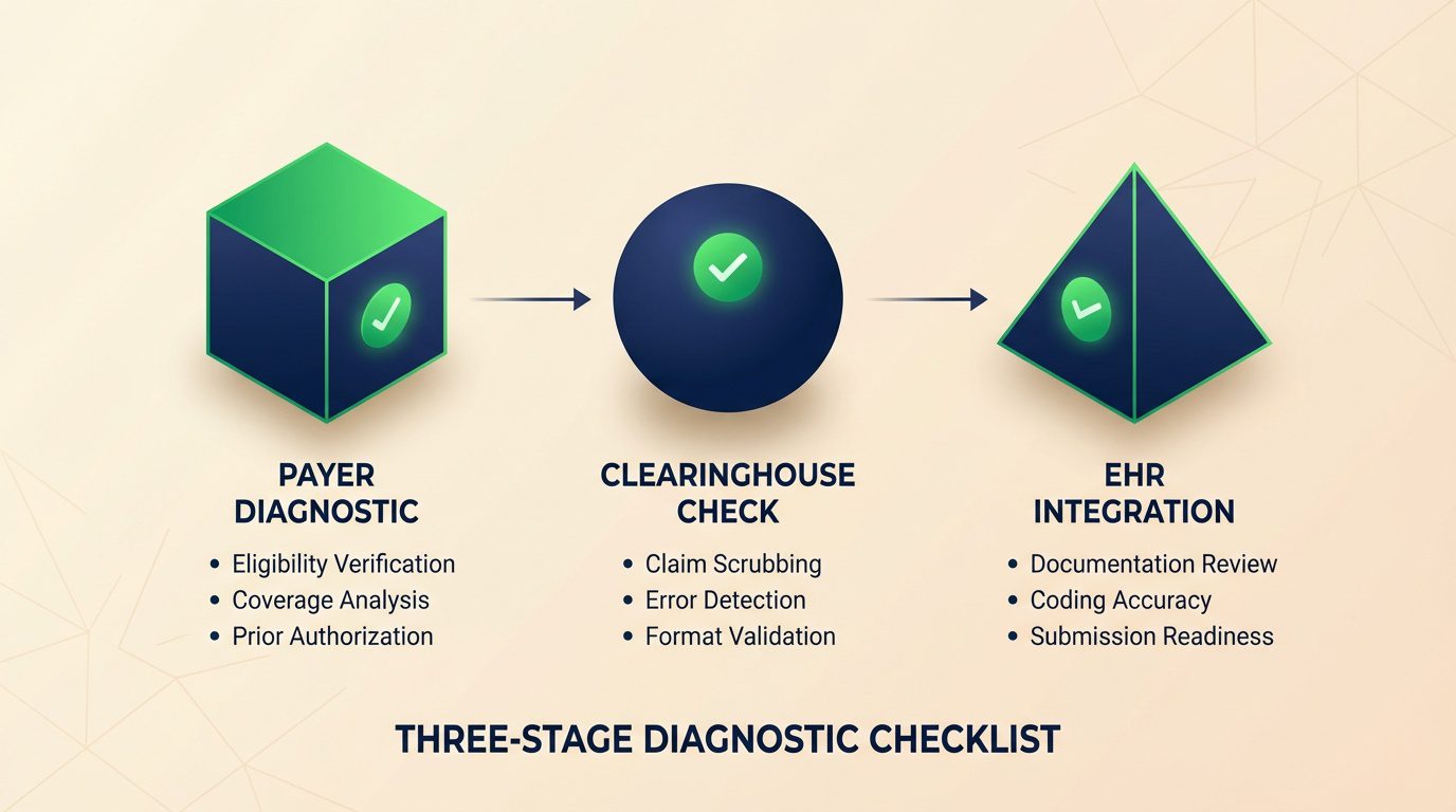 Three stage ERA diagnostic checklist showing payer clearinghouse and EHR checkpoints