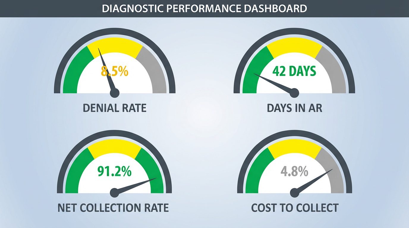 billing performance evaluation dashboard showing denial rate and collection metrics for medical practices