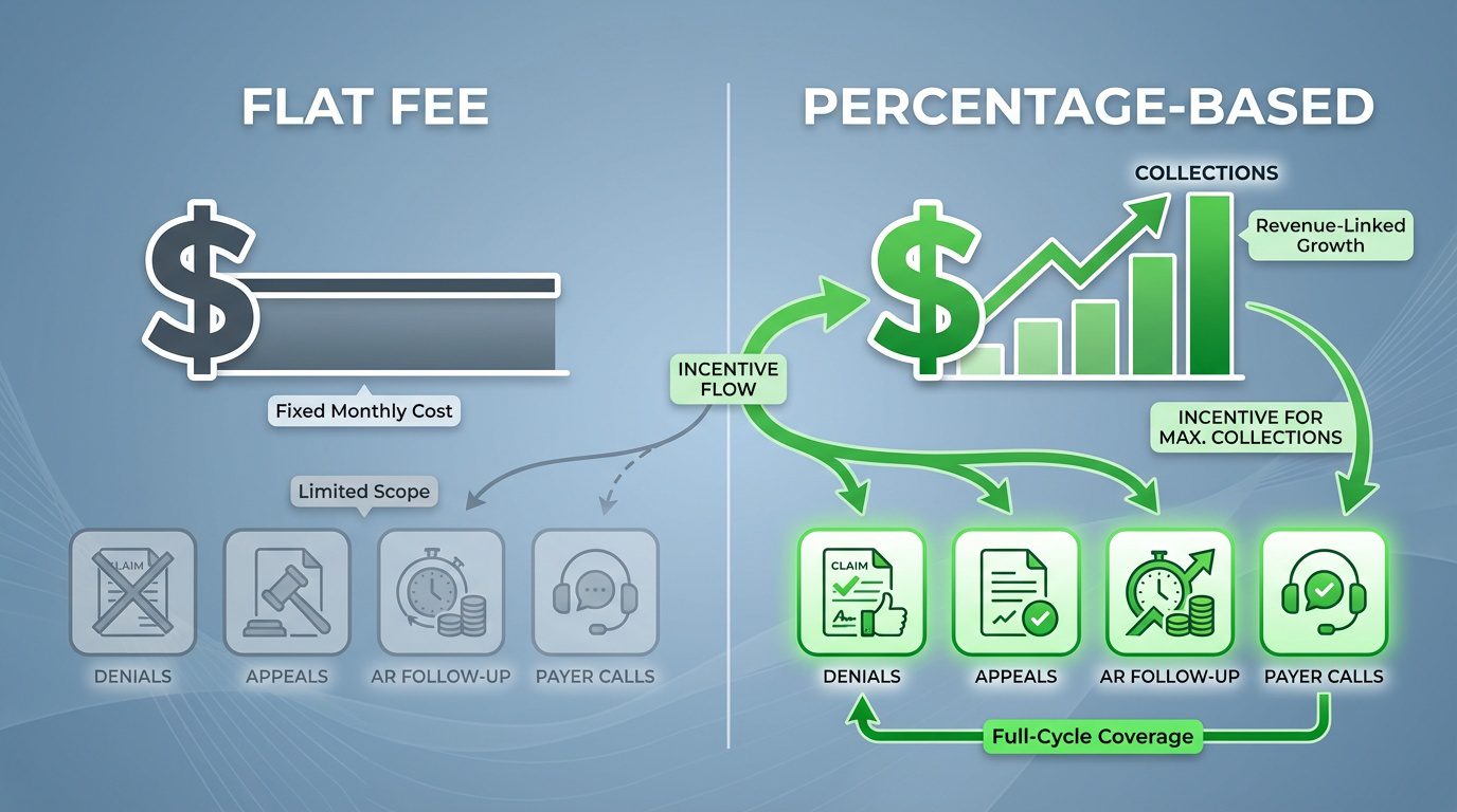 flat fee vs percentage based billing model diagram showing incentive alignment and service scope for chiropractic practices