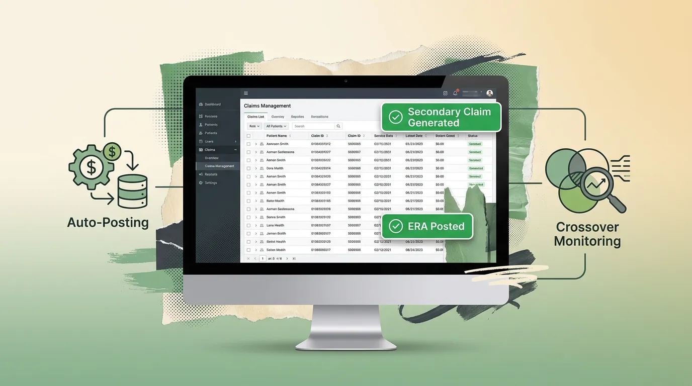 chiropractic EHR screen showing automated secondary claim generation and ERA posting status