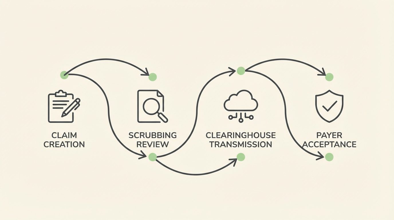 chiropractic claim submission pathway through clearinghouse scrubbing to payer acceptance