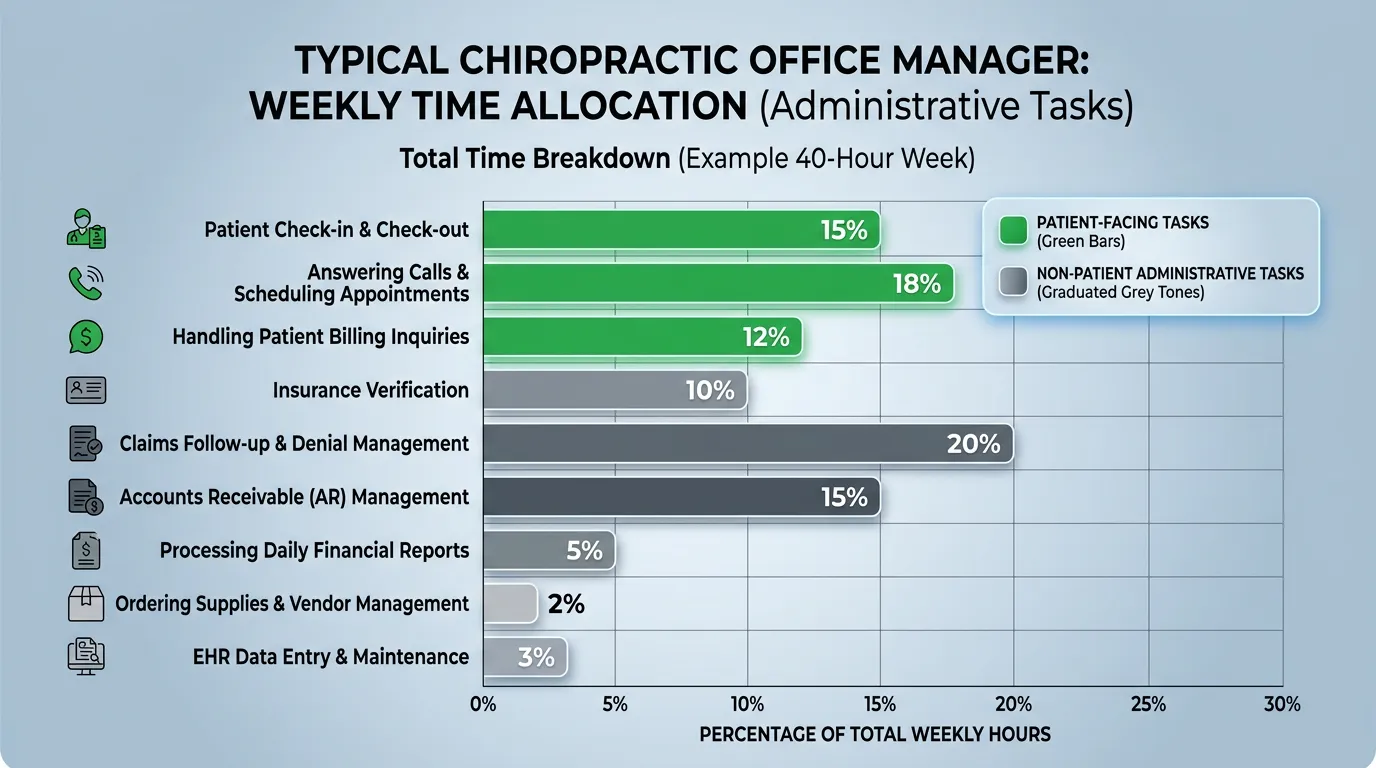 chiropractic office manager weekly task breakdown showing administrative versus patient facing time allocation