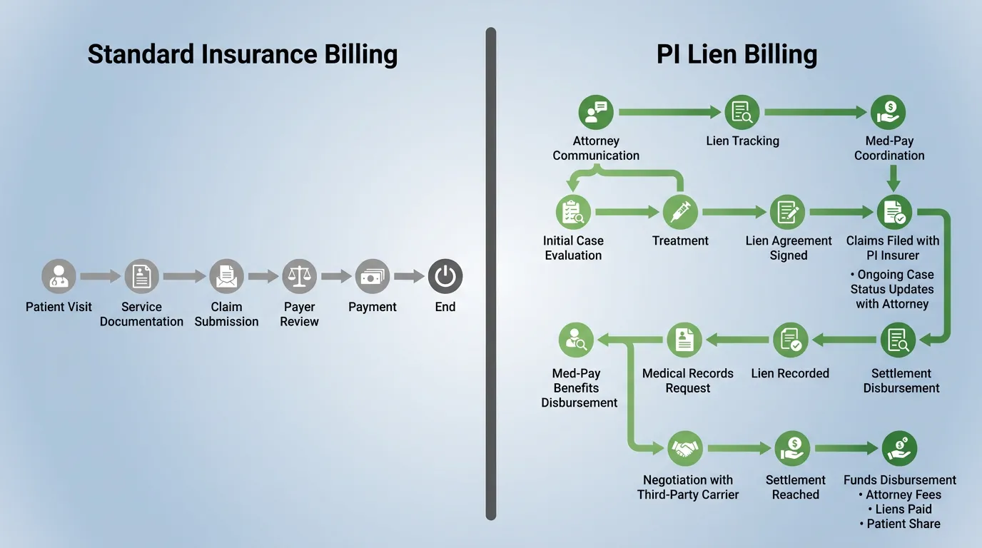 standard insurance billing versus PI lien billing workflow comparison for chiropractic practices