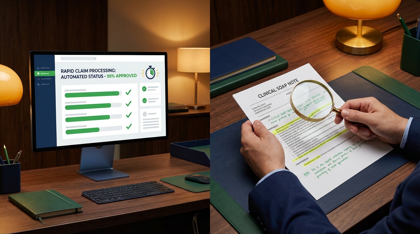 AI vs human intelligence comparison showing automated claims processing versus careful human billing review