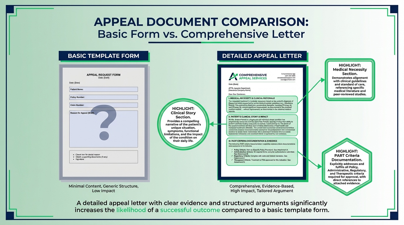 Appeal letter comparison showing basic automated form versus detailed clinical appeal with documentation
