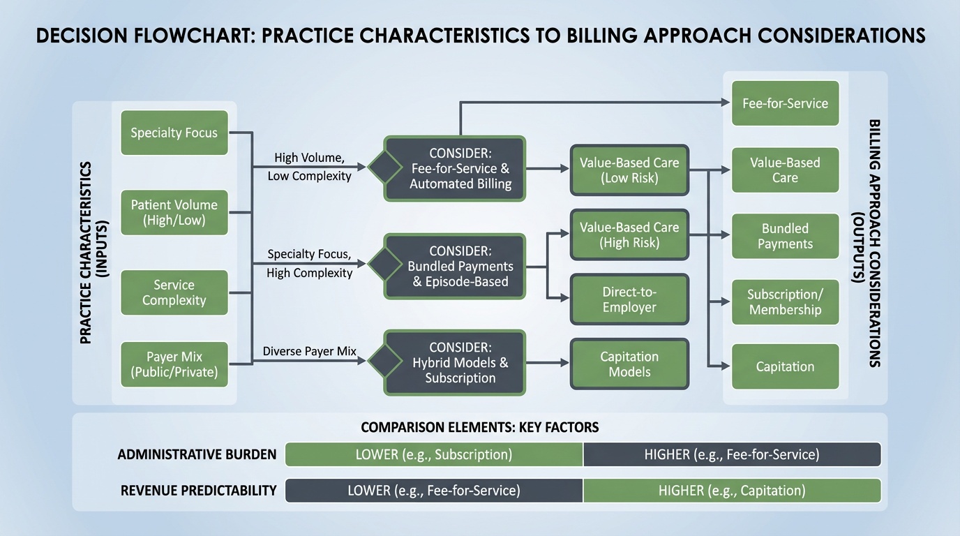 Billing approach decision flowchart showing practice characteristics and billing approach considerations