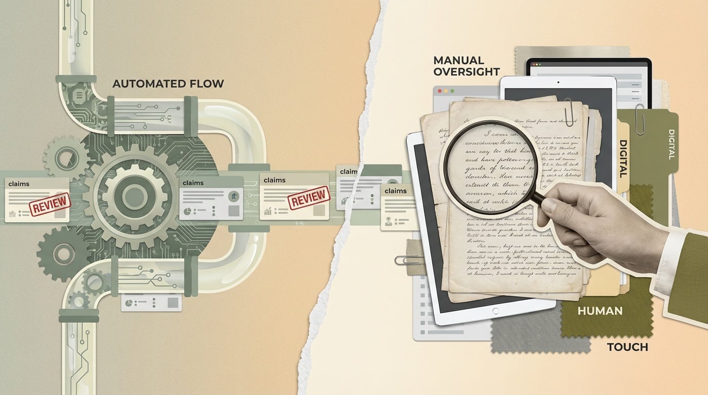 Claims processing comparison showing automated flow versus human review process in medical billing