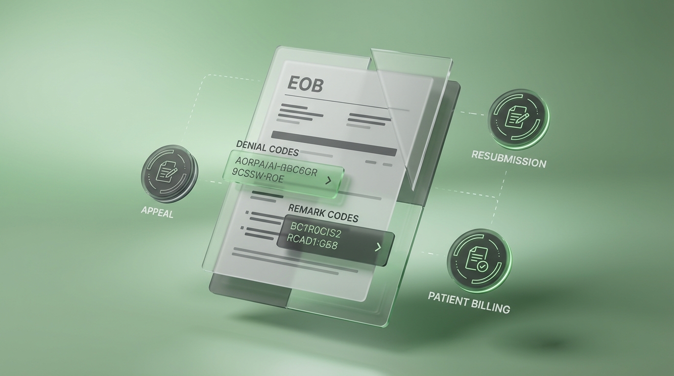 EOB denial code interpretation and follow up action workflow