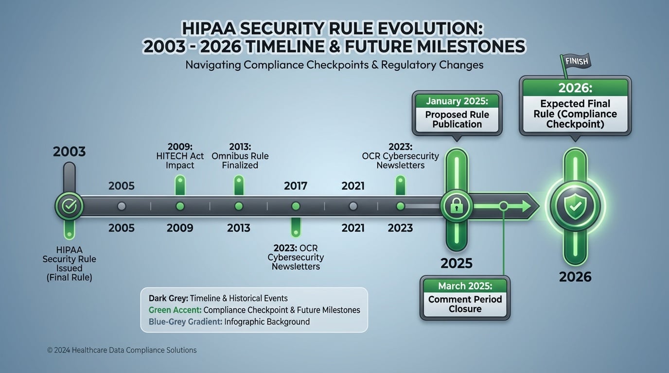 HIPAA security rule timeline showing 2025 proposed updates and 2026 compliance expectations