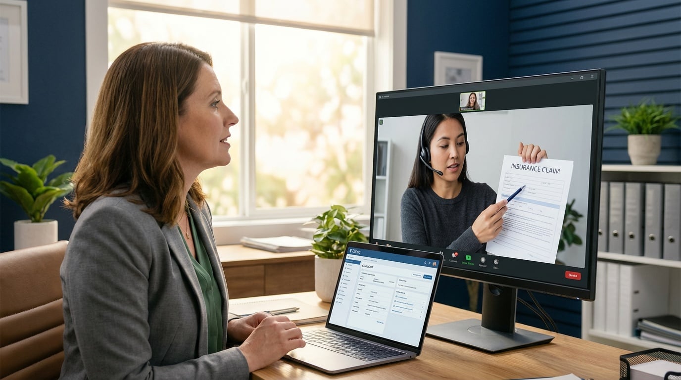Human intelligence billing team collaborating with technology showing integrated claims review process