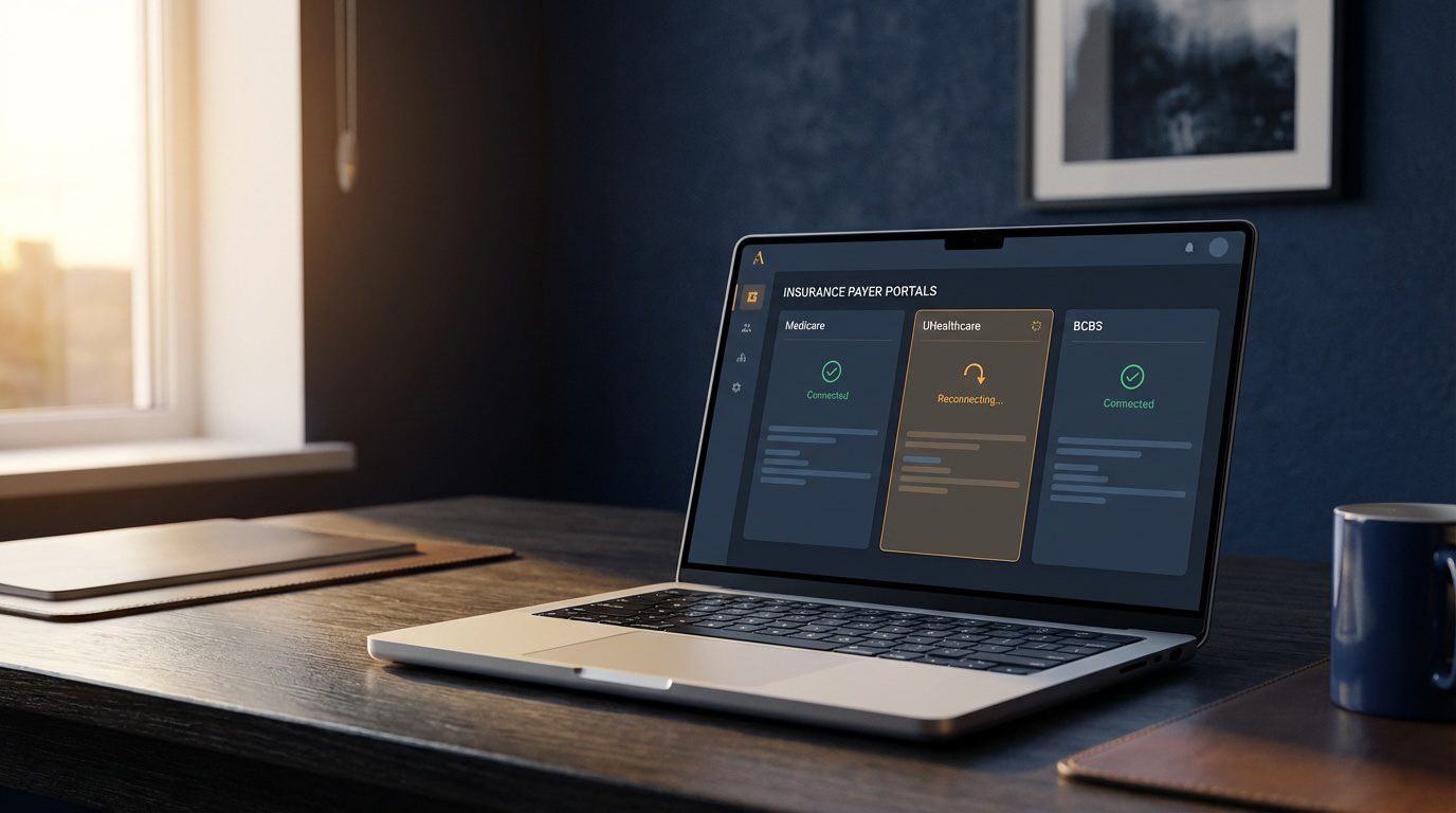 Laptop-displaying-insurance-payer-ERA-enrollment-dashboard-with-multiple-connection-status-indicators