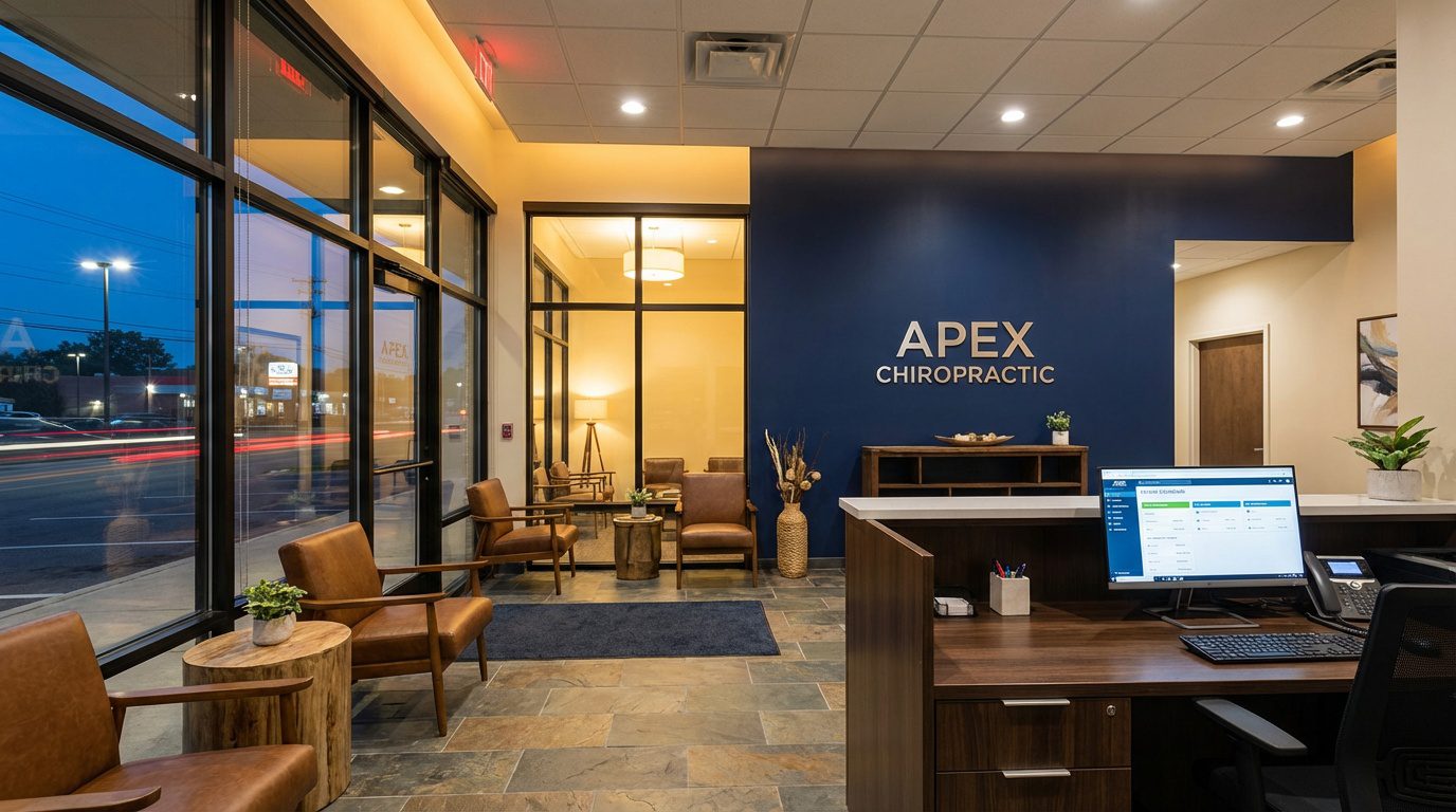 Modern-chiropractic-clinic-reception-with-organized-billing-workspace-and-secure-systems