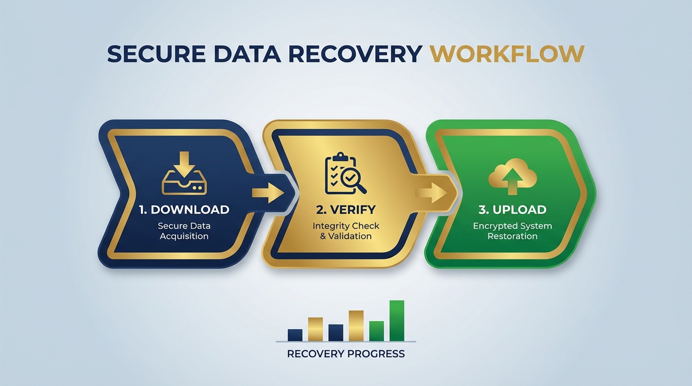 Step by step ERA file recovery workflow showing download verify and upload stages