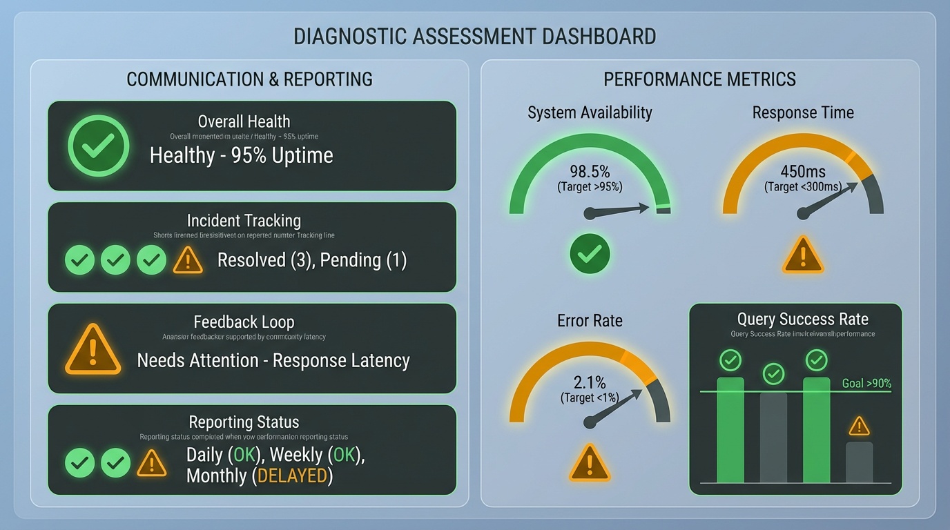 billing company performance assessment dashboard with organized evaluation categories